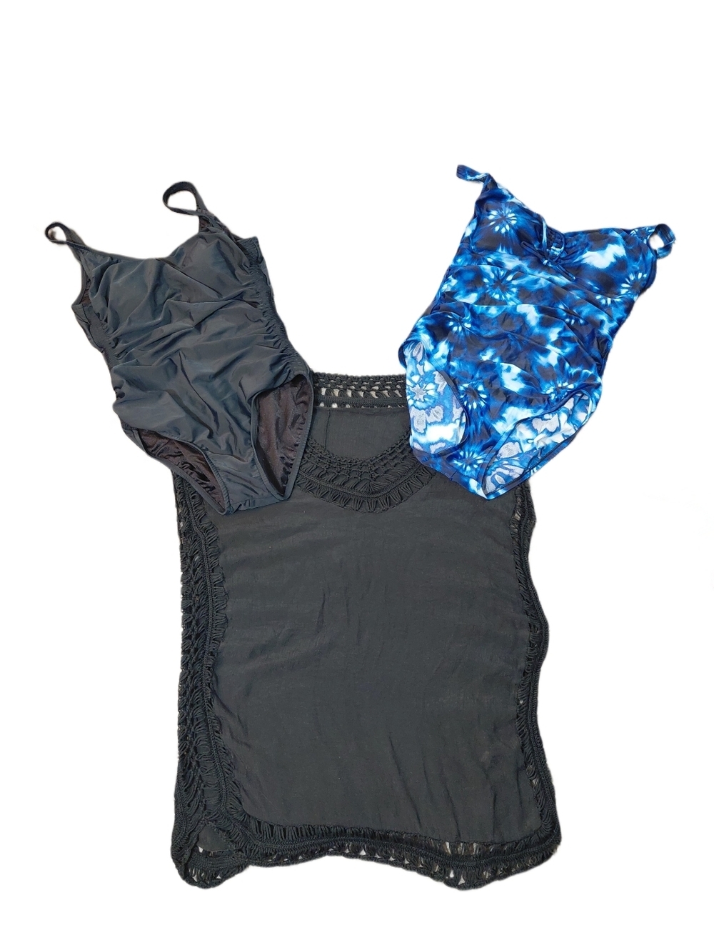 Two Women's Suze 14 One-Piece Swimsuits Black & Blue Tie-dye With Black Cover-up
